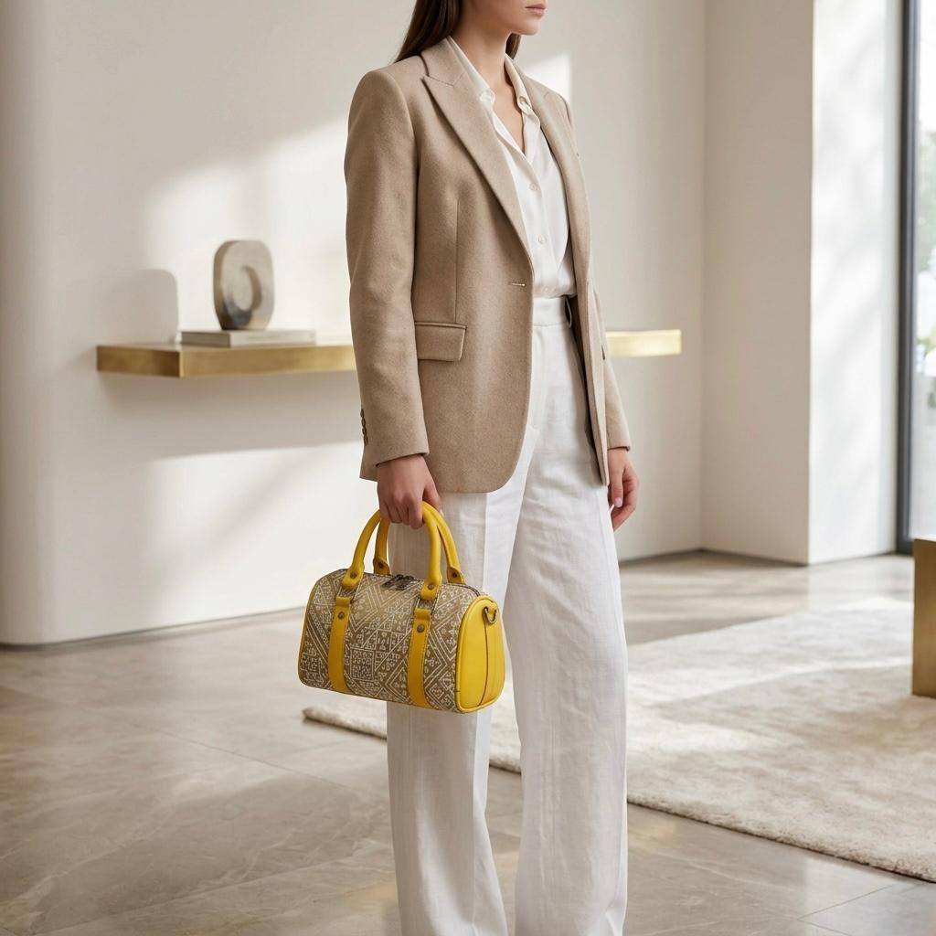 Golden Radiance Patterned Barrel Bag