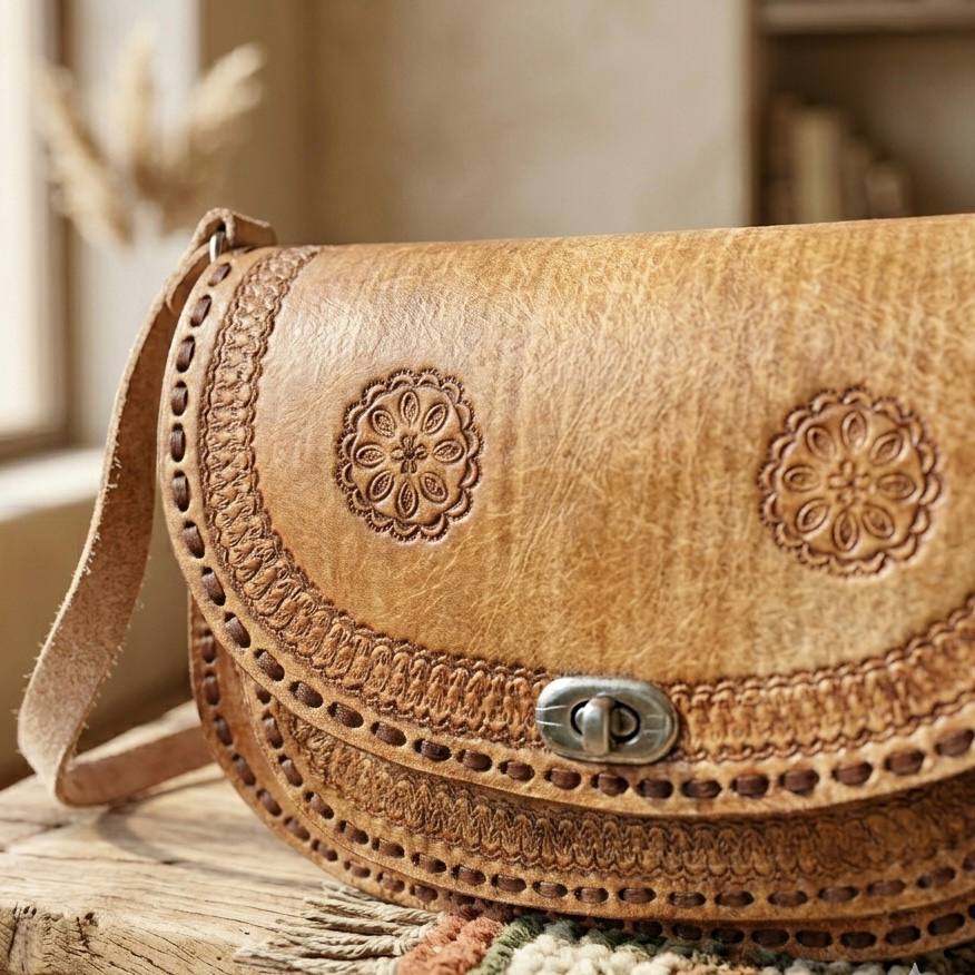 Handmade Leather Crossbody Bag - Vintage Boho Tan Shoulder P
